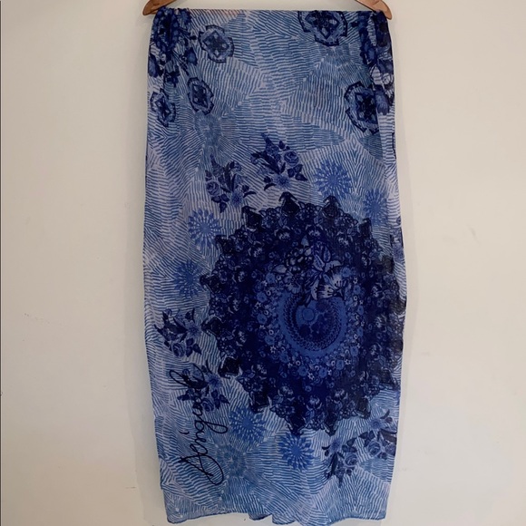 Desigual lightweight blue and white semi sheer oversized scarf - Picture 3 of 8